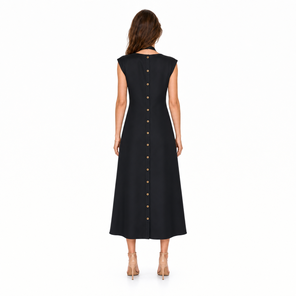 Rochie Pinko Neagră Tip Halter cu Nasturi Frontali și Draperie Acheloo