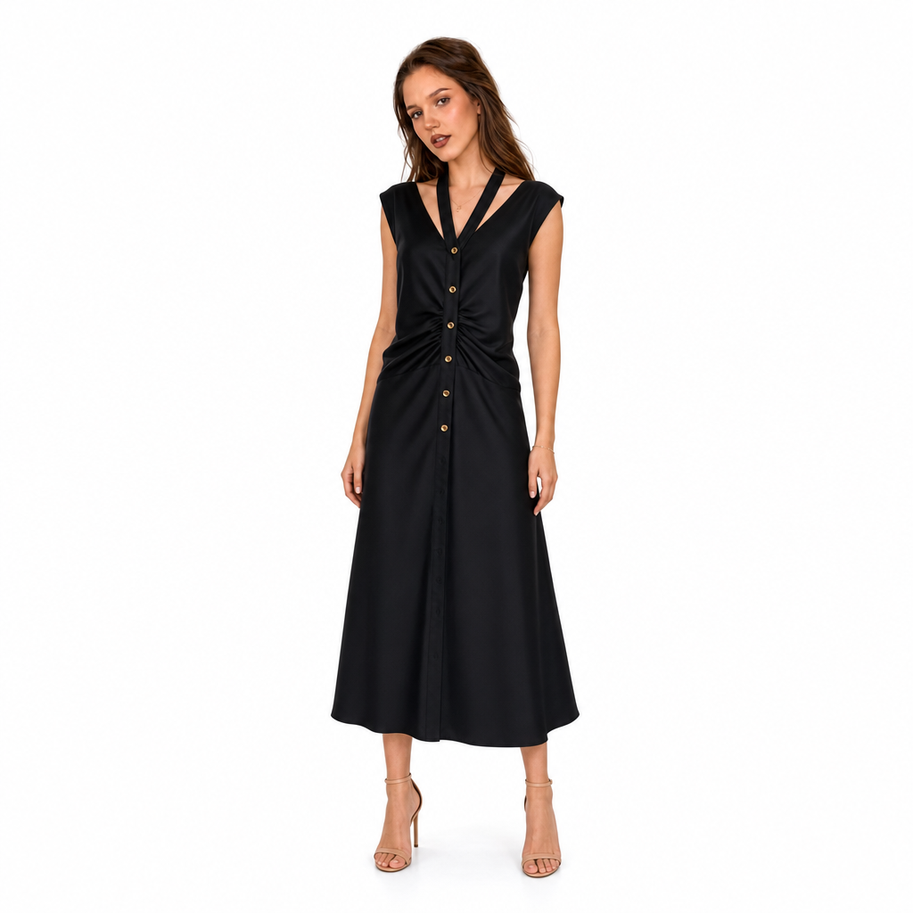 Rochie Pinko Neagră Tip Halter cu Nasturi Frontali și Draperie Acheloo