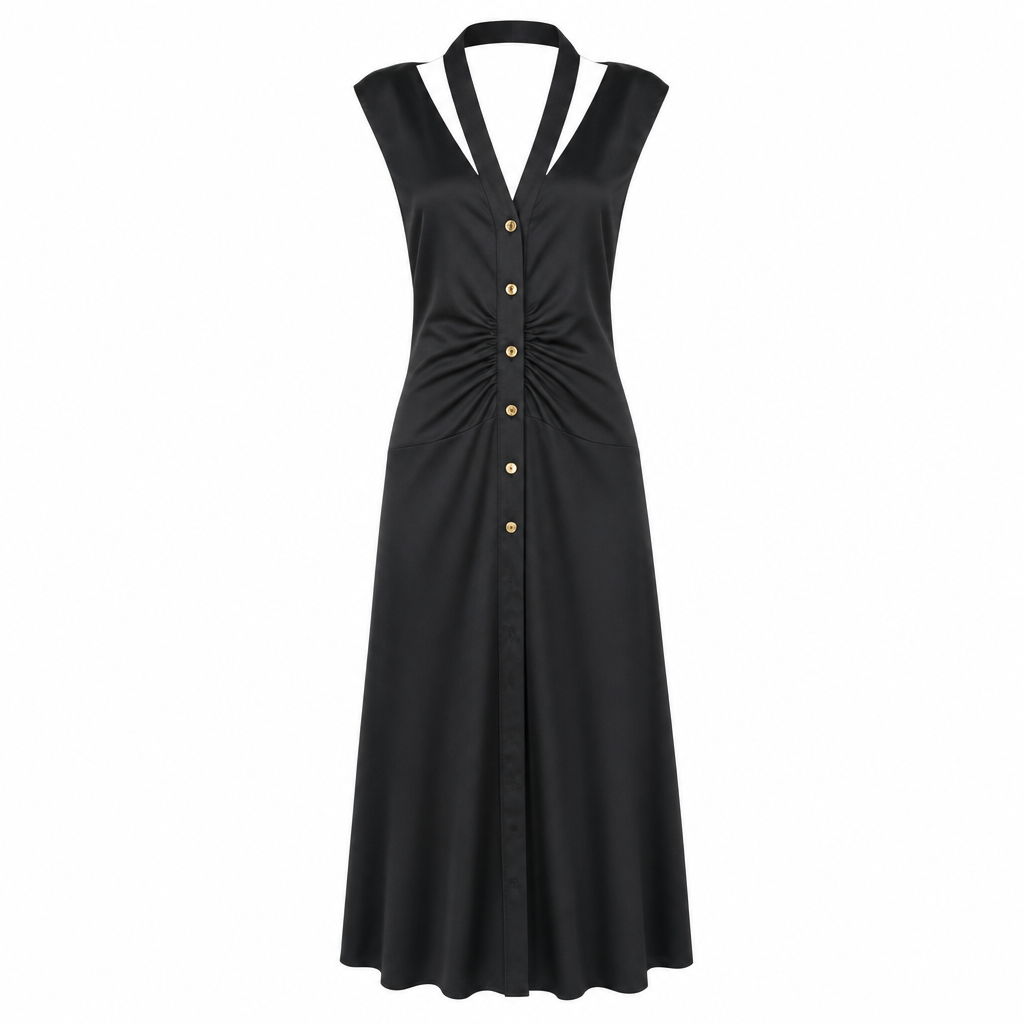Rochie Pinko Neagră Tip Halter cu Nasturi Frontali și Draperie Acheloo thumbnail 2