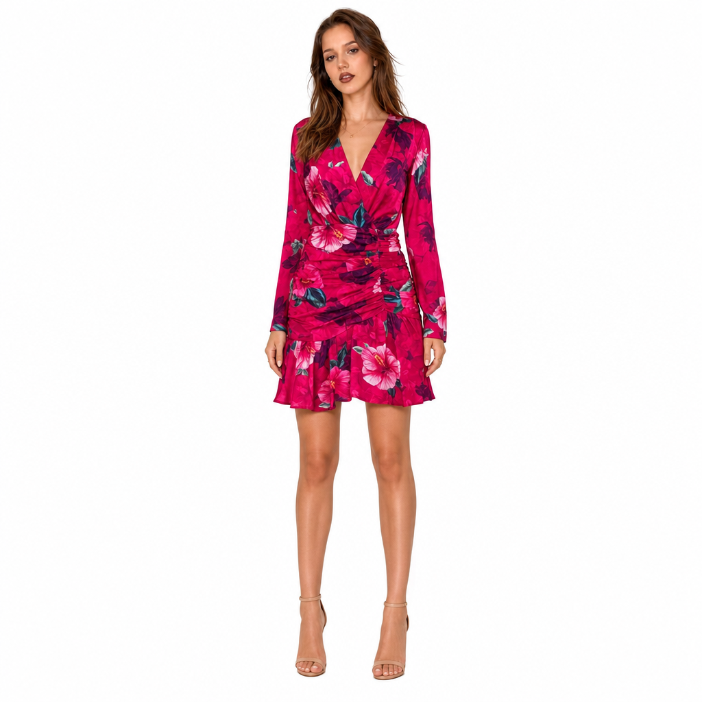 Rochie Pinko Accigliato cu Imprimeu Floral și Mânecă Lungă