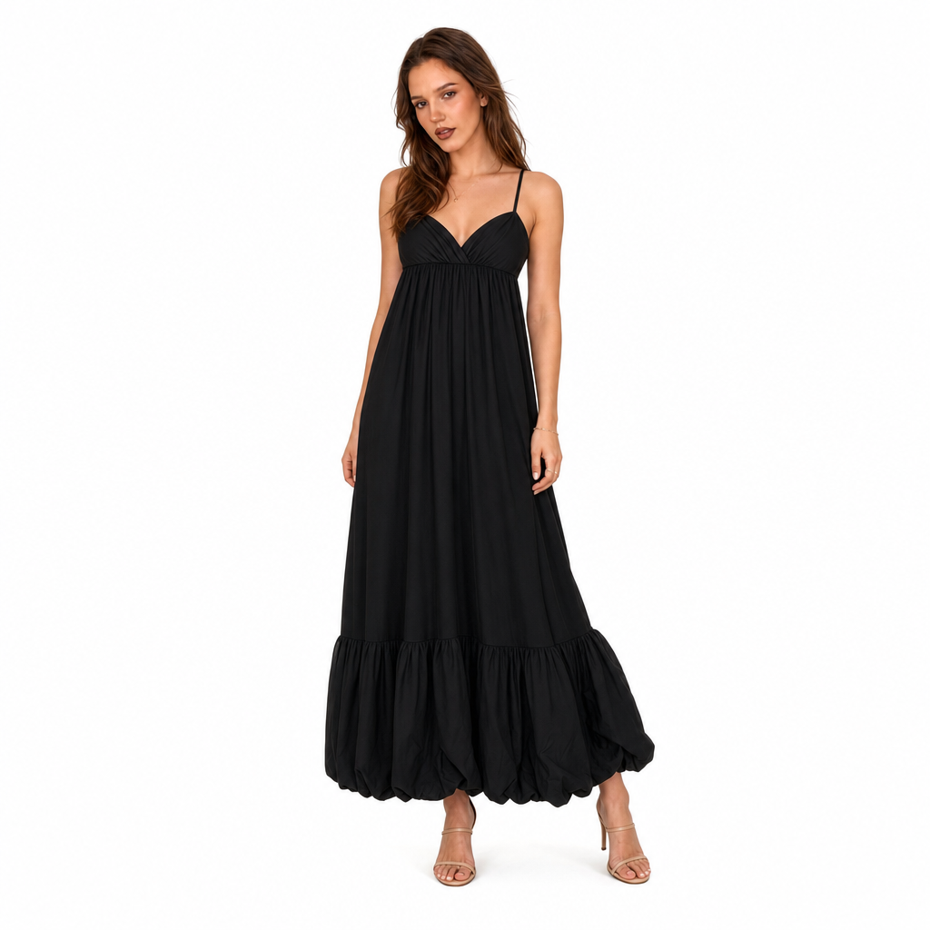 Rochie Pinko Maxi Neagră Morellino din Tafta cu Volane