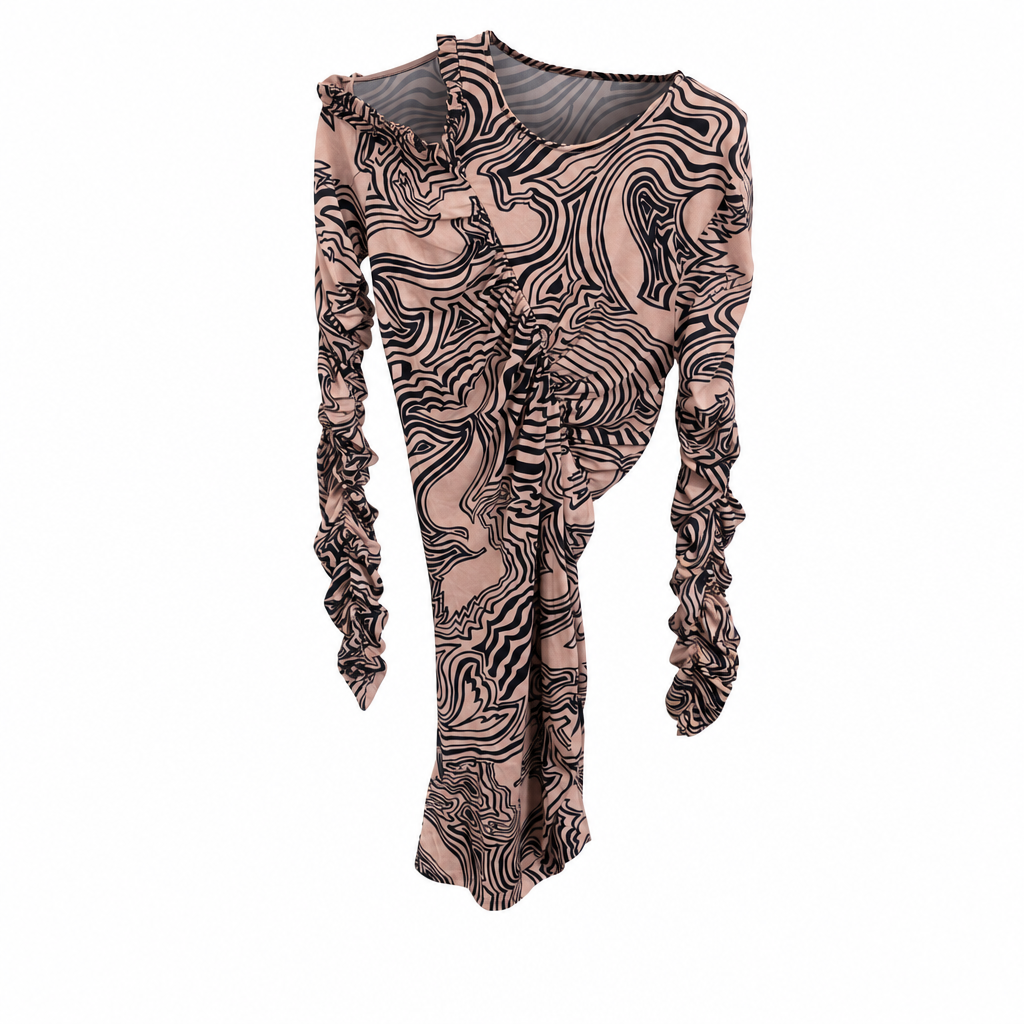 Rochie Pinko Atipico cu Model Abstract și Decupaj Asimetric la Gât thumbnail 2