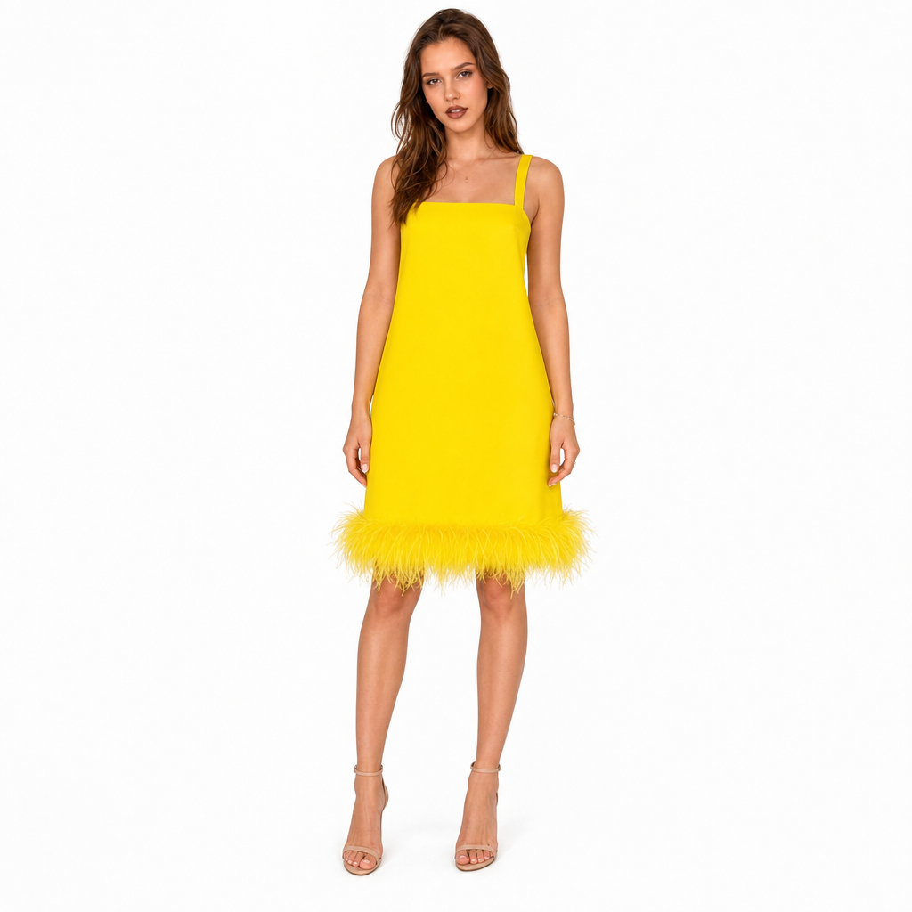 Rochie Pinko Galbenă din Crêpe Stretch cu Puf