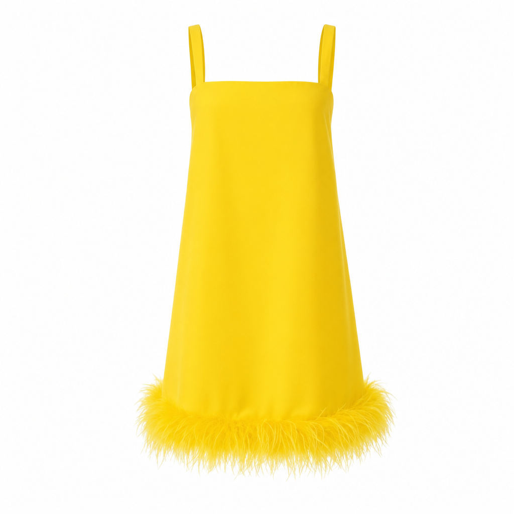 Rochie Pinko Galbenă din Crêpe Stretch cu Puf thumbnail 2